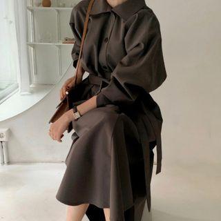 Plain Tie-waist Midi Shirtdress