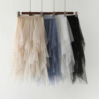 Sequined Star Midi A-line Tiered Mesh Skirt