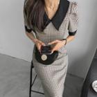 Chelsea-collar Houndstooth Long Sheath Dress Beige - One Size