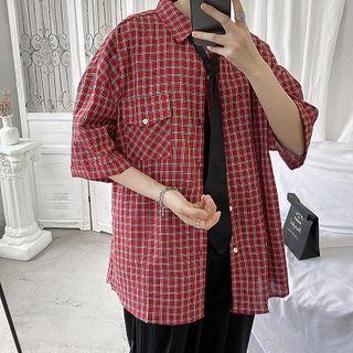 Tie-neck Plaid Elbow-sleeve Shirt