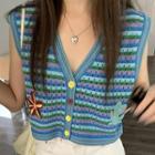 Striped Perforated Knit Sweater Vest Stripes - Blue & Purple - One Size
