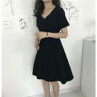 Short-sleeve V-neck A-line Dress Black - One Size