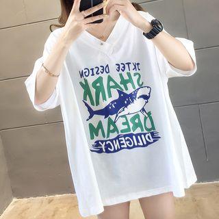 V-neck Elbow-sleeve Shark Print T-shirt