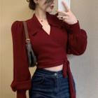 Collared Puff-sleeve Wrapped Knit Crop Top Red - One Size