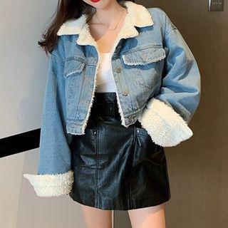 Fleece-lined Denim Cropped Jacket Blue - One Size