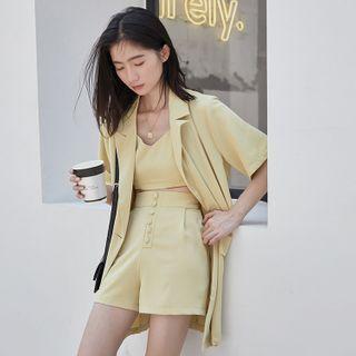 Set: Short-sleeve Blazer + Camisole Top + Wide Leg Shorts