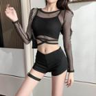 Long-sleeve Fishnet Crop Top / Camisole Top / Low Rise Shorts / Set