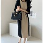 Short-sleeve Color-block Knit Dress Black & Beige - One Size