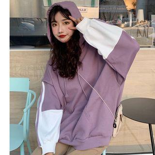 Striped Panel Sports Hooded Wide Long-sleeve Sweatshirt