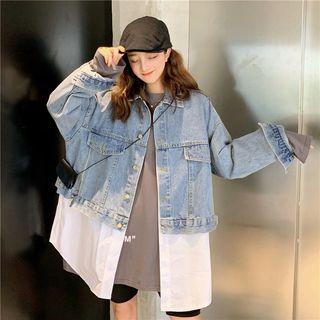Mock Two Piece Denim Panel T-shirt Blue - One Size