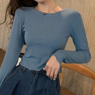 Long-sleeve Plain Lettuce Edge Cropped T-shirt