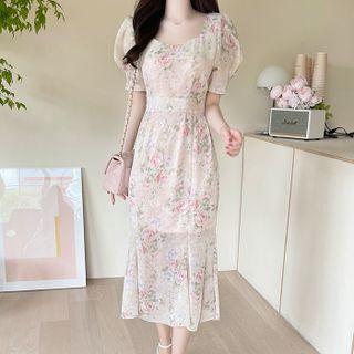 Square-neck Floral Long Mermaid Dress