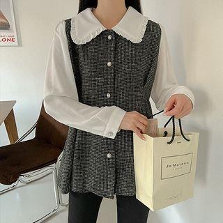 Plus Size Frilled-collar Tweed Blouse
