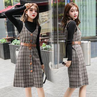 Plaid Strappy A-line Dress / Mock Neck Top / Set