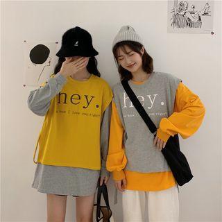 Set: Plain Long-sleeve T-shirt + Lettering Vest