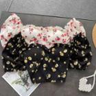 Puff-sleeve Off-shoulder Ruffled-trimfloral Cropped Top