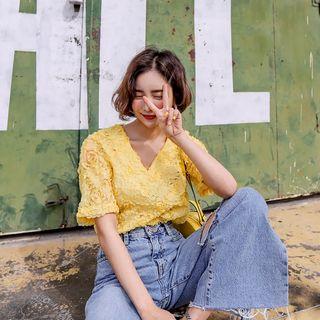 V-neck Rosette Mesh Top Yellow - One Size