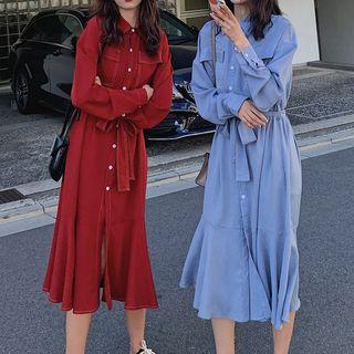Long-sleeve Sashed Midi A-line Shirt Dress