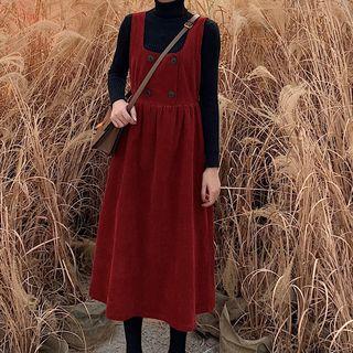 Turtleneck Knit Top / Corduroy A-line Midi Pinafore Dress