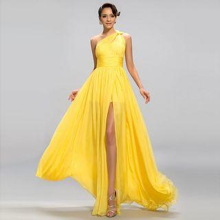 One-shoulder Pleated Split-front Evening Dress