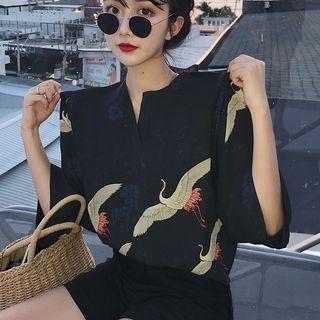 Crane Print Chiffon Blouse Black - One Size