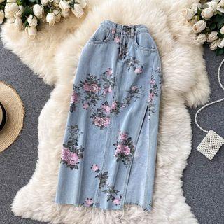 High-waist Flower Print Denim Midi Skirt
