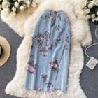 High-waist Flower Print Denim Midi Skirt