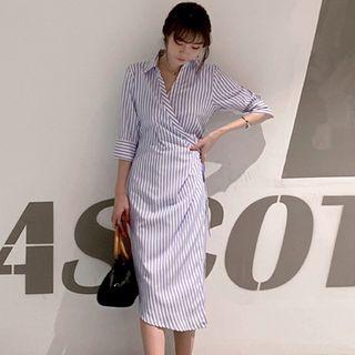 3/4-sleeve Striped Open Back Dress
