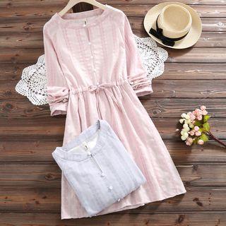 Eyelet Lace Long-sleeve Drawstring A-line Dress