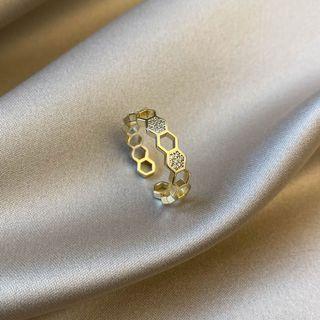 Hexagon Rhinestone Open Ring J579 - 1 Pc - Gold - One Size