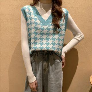 Long-sleeve Mock Neck Knit Top / Houndstooth Vest
