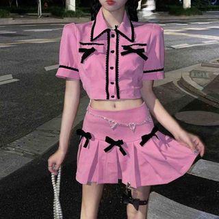Set: Short-sleeve Crop Shirt + Pleated Skirt
