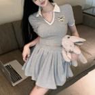 Short-sleeve V-neck Logo Crop Top / Mini A-line Skirt / Set