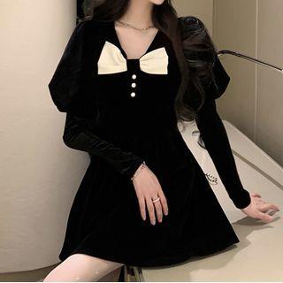 Puff-sleeve Bow-accent Velvet A-line Dress