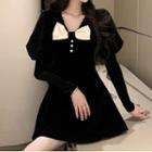 Puff-sleeve Bow-accent Velvet A-line Dress