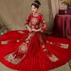 Set: Chinese Character Embroidered Chinese Wedding Cheongsam + Maxi Skirt