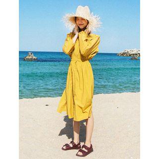 Collarless Gathered-waist Midi Shirtdress
