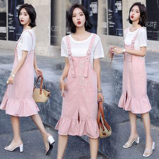 Set: Letter Embroidered Jumper Dress + Short-sleeve T-shirt