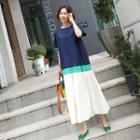 Round-neck Pocket-detail Color-block Dress