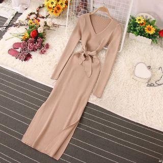 V-neck Knit Maxi Sheath Dress
