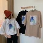 Mock-turtleneck Elbow-sleeve Printed T-shirt