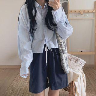 Striped V-neck Long-sleeve Loose-fit Shirt / Plain Shorts
