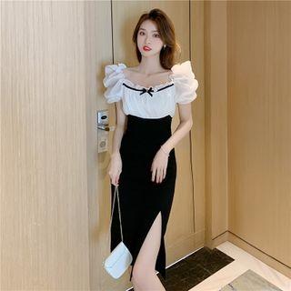 Puff-sleeve Ruffled Two-tone Slit Sheath Dress