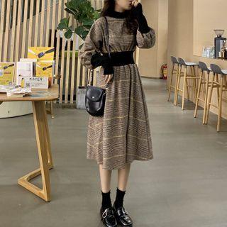 Long-sleeve Plaid Midi A-line Dress Plaid - Coffee - One Size