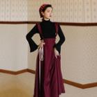 Set: Long-sleeve Mock-neck Knit Top + Lace-up Midi A-line Suspender Skirt