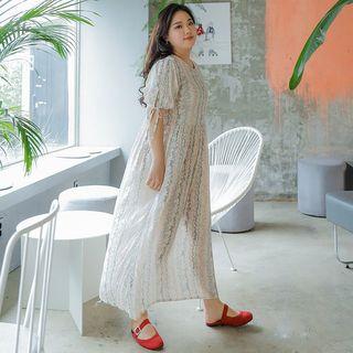 Tie-cuff Patterned Maxi Silky Dress