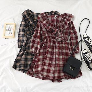 Plaid V-neck Ruffled Trim Playsuit