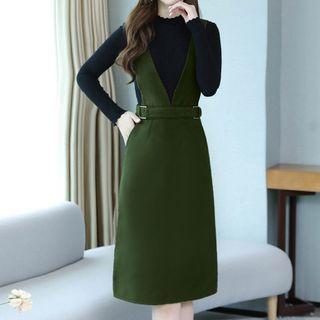 Set: Lettuce Edge Ribbed Knit Top + Belted Pinafore Dress