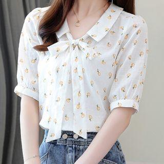 Floral Print Tie-neck Elbow-sleeve Blouse