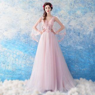Mesh Capelet Embellished A-line Evening Gown